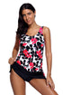 Sexy Pink Black Floral Tankini 2pcs Skirtini Swimsuit